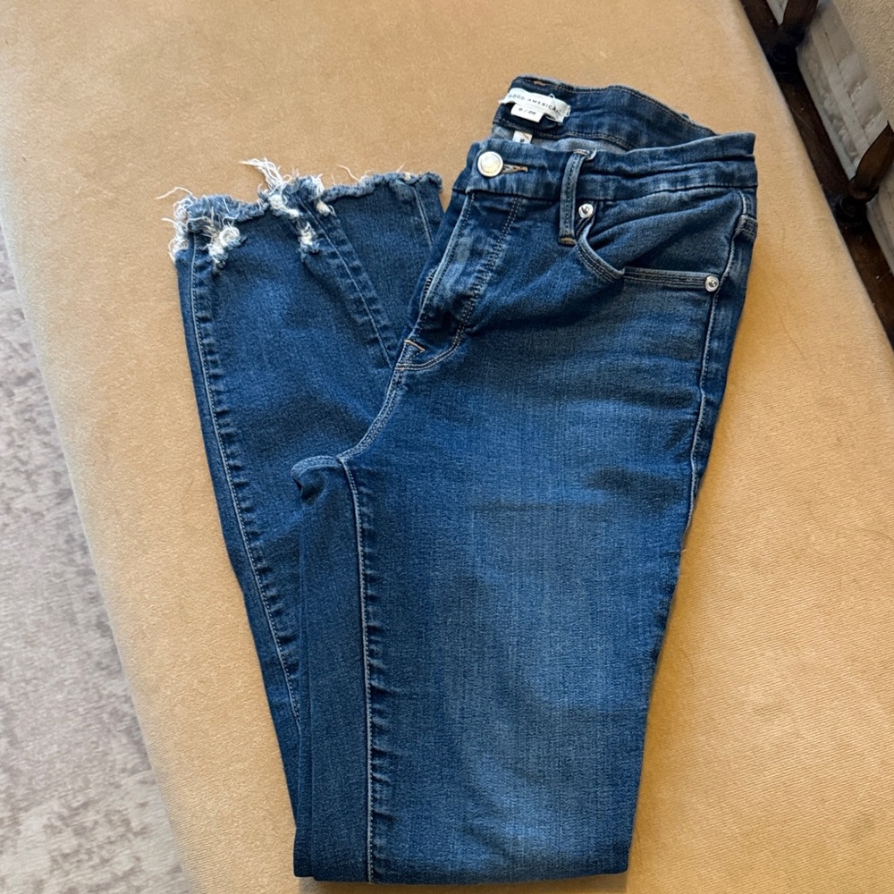 Good American Dark Blue Frayed Hem Skinny Jeans